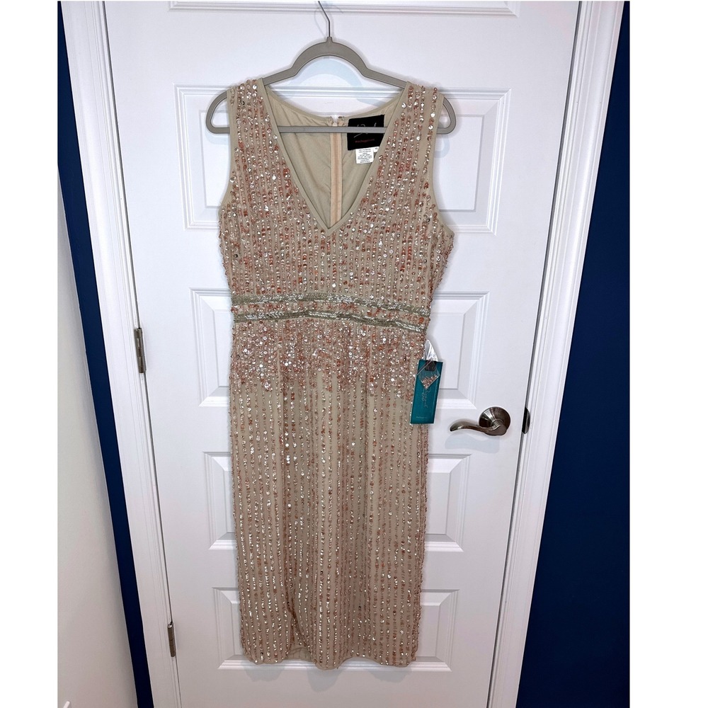 Mac Duggal Womens Sequin V-Neck‎ Midi Dress Champagne Rose Gold Size 10 NEW